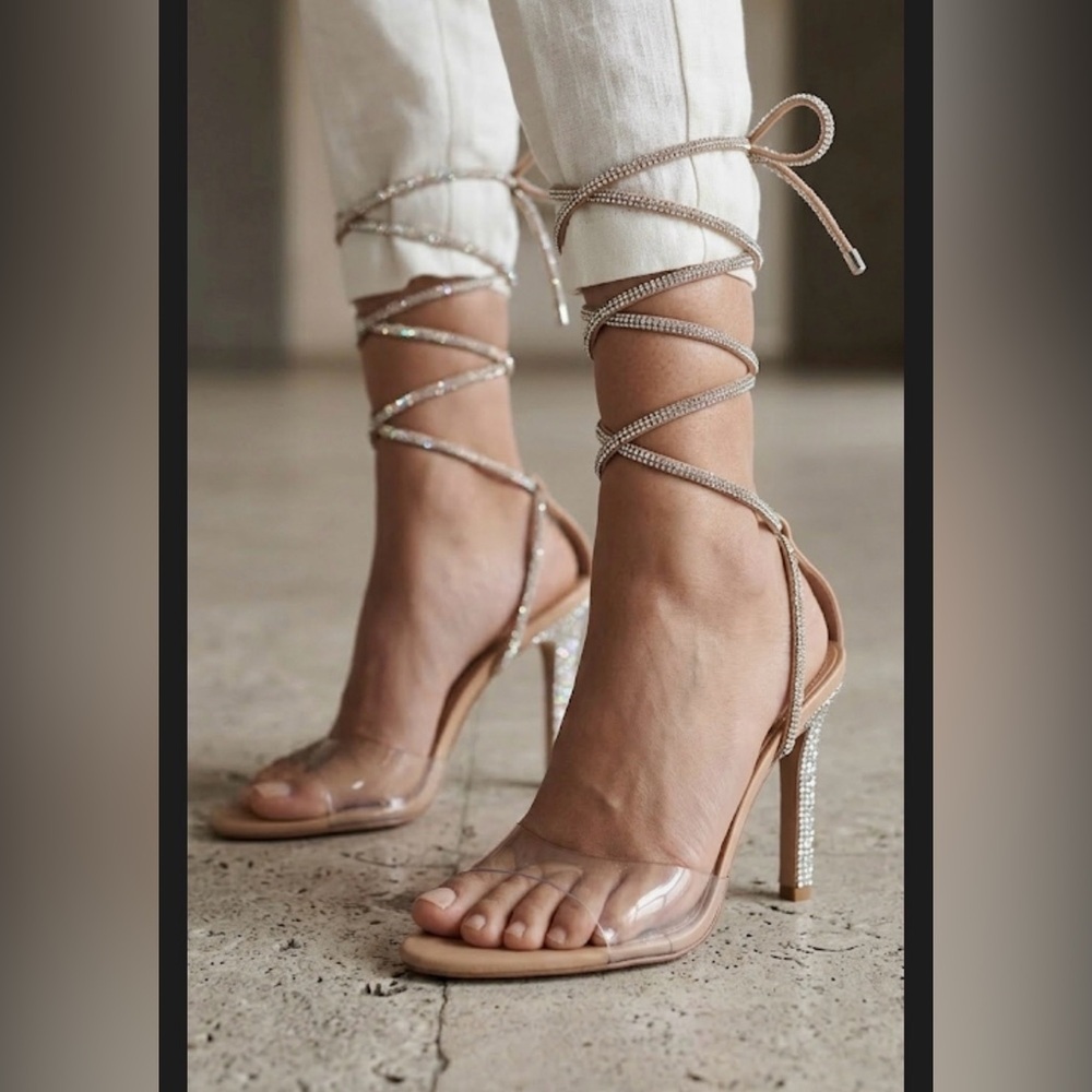 Zara Nude Lace-Up Clear Strap Heels with Rhinestone Heel Sz 38